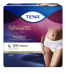 TENA SILHOUETTE NORMAL BLANC L INKOHOUSUT NAISILLE, KUKKAKUVIO, MATALA VYÖTÄRÖ 10 KPL